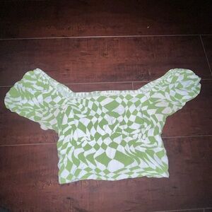 La Hearts Green and White Puff Sleeve Smocked Crop Blouse